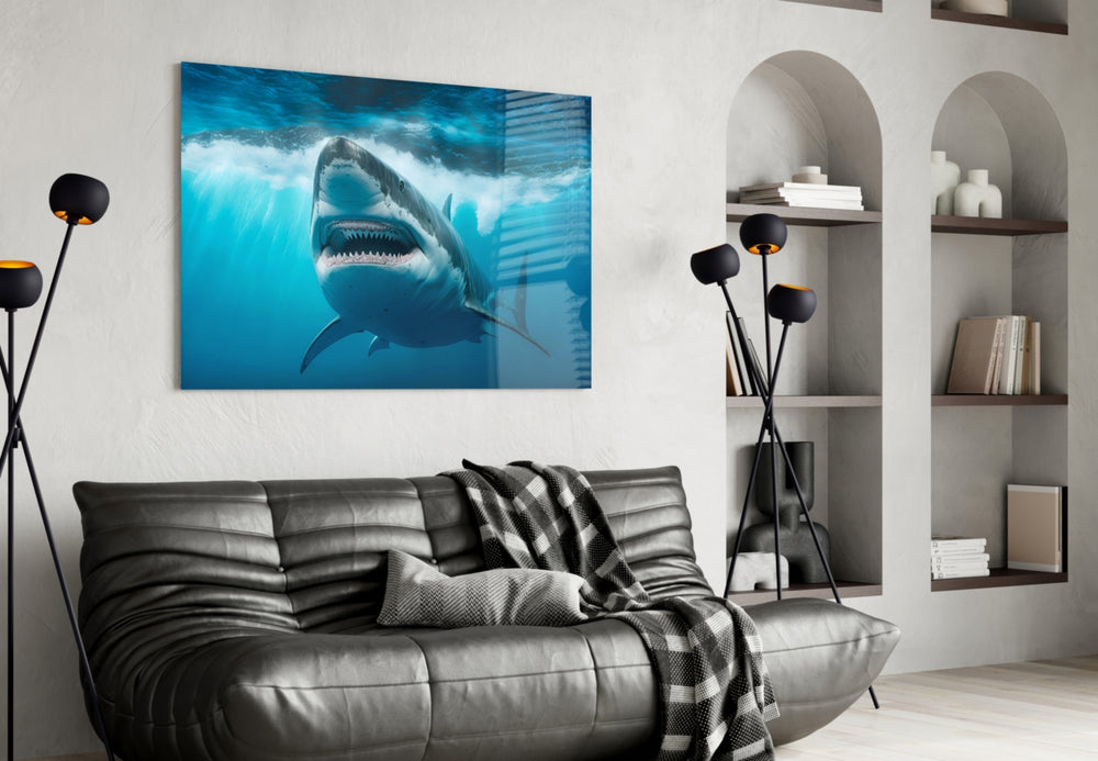 Documentary shark cinematic glass wall art in tasteful boys' bedroom