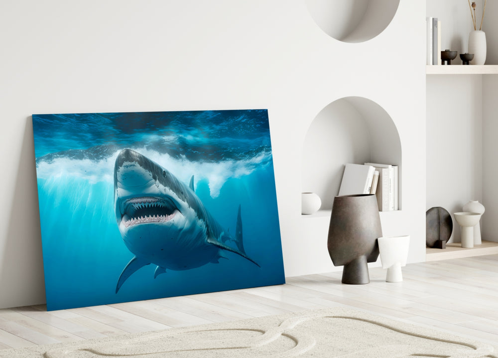 Bared-teeth shark cinematic glass wall art in designer cinema-room