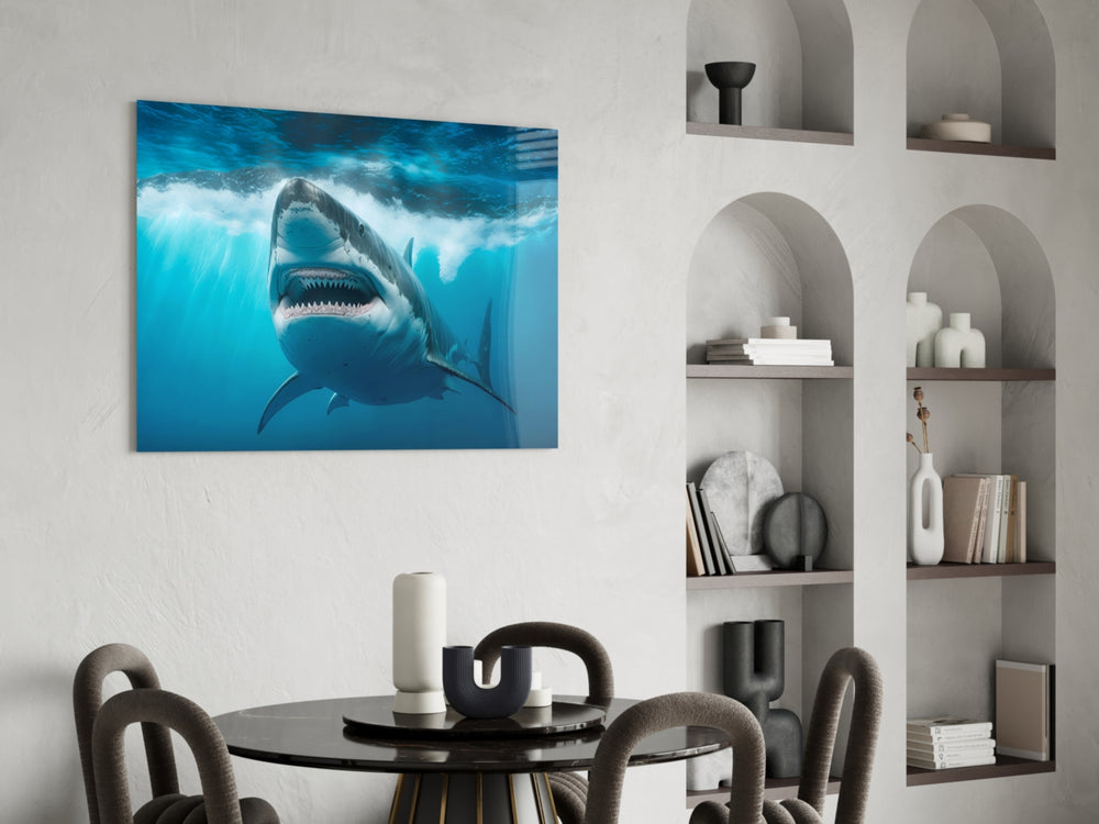 Cobalt-water predator cinematic glass wall art over master-bedroom headboard