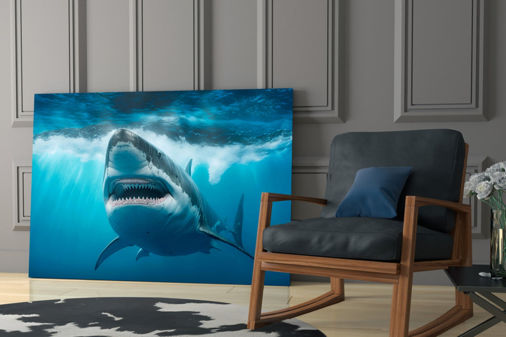 Movie-poster marine cinematic glass wall art in study reading nook