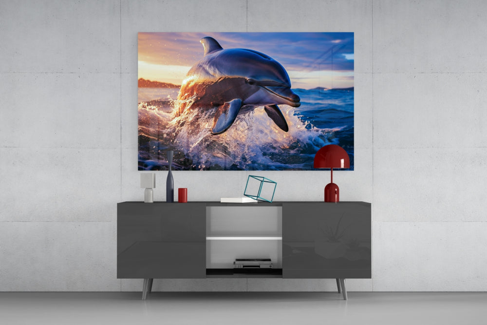 Resort-poster dolphin cinematic glass wall art in resort suite living room