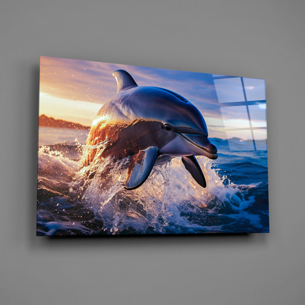 Marine dolphin photography glass wall art over walnut sideboard in maritime study