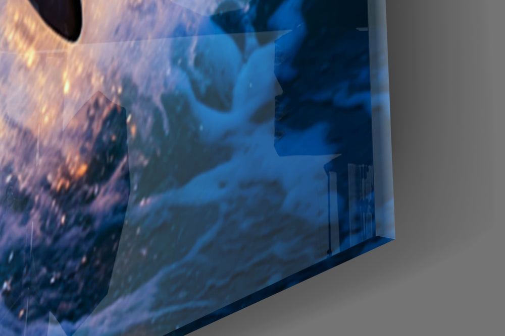 Crystal-spray dolphin cinematic glass wall art over modern dining sideboard