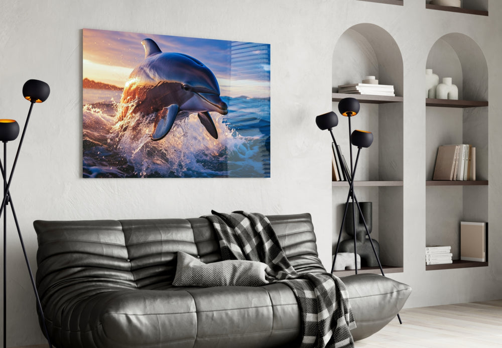 Sunset dolphin cinematic glass wall art in hospitality lounge