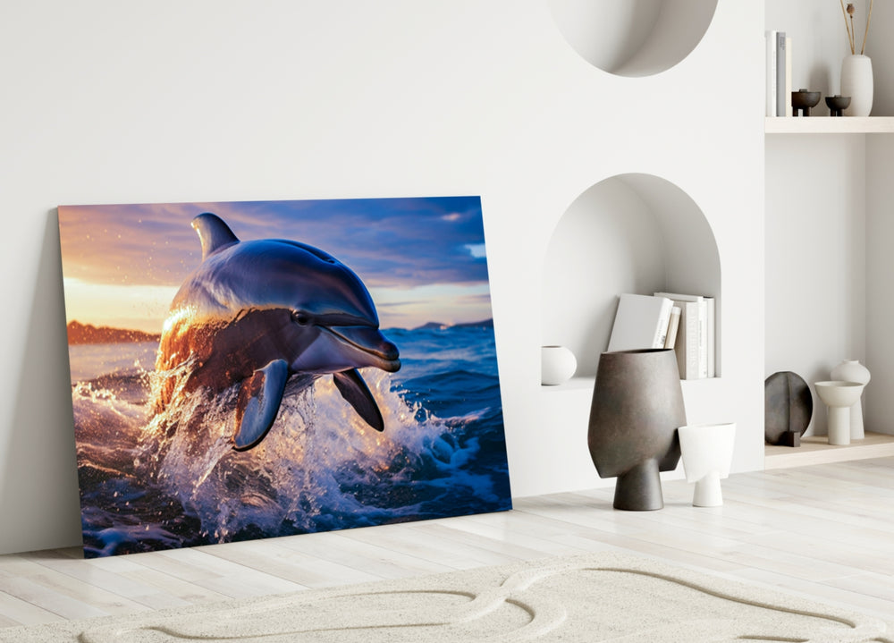 Travel-magazine dolphin cinematic glass wall art in child's marine-themed bedroom