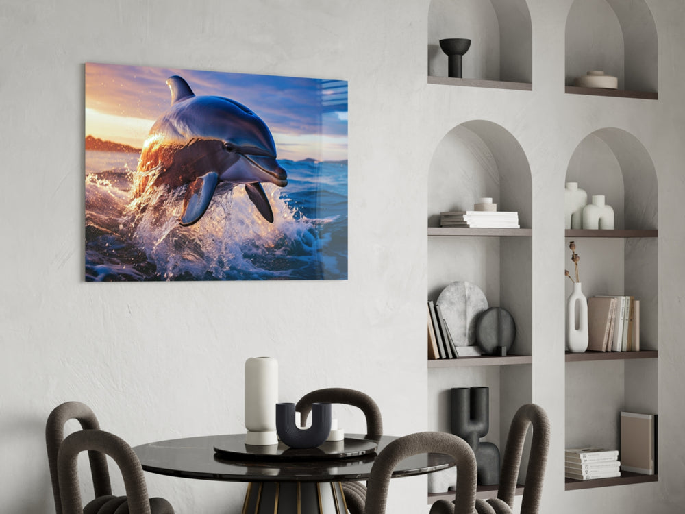 Bottlenose-dolphin cinematic glass wall art over master-bedroom headboard