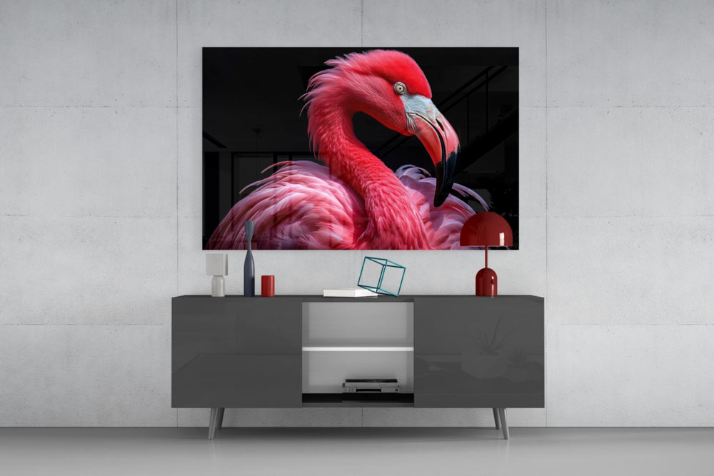 Fine-art bird cinematic glass wall art in fashion-house dressing room
