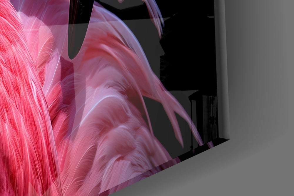 Pink flamingo profile cinematic glass wall art in luxury powder-room