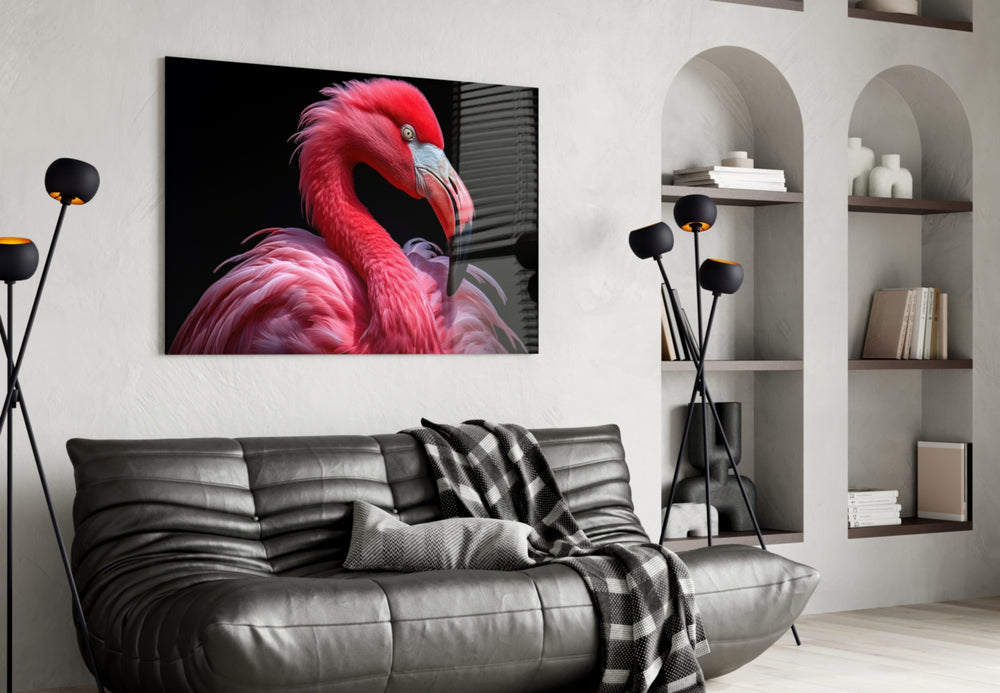 Editorial flamingo cinematic glass wall art in boutique-hotel suite