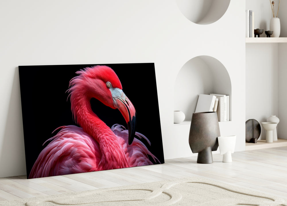 Studio-lit flamingo cinematic glass wall art in designer powder-room