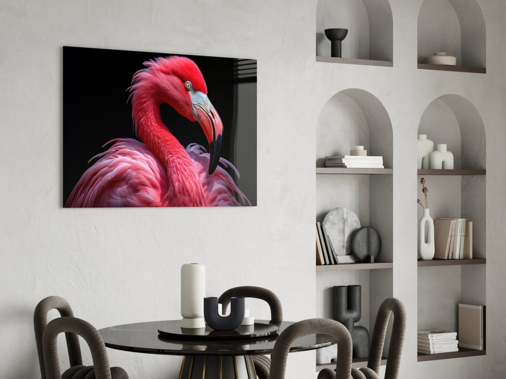 Hot-coral flamingo cinematic glass wall art over walnut console in glamorous lounge