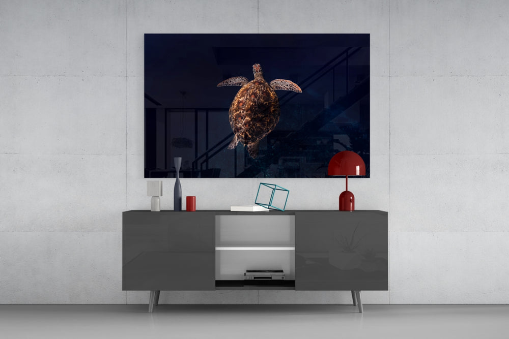 National-Geographic style cinematic glass wall art in resort suite living room