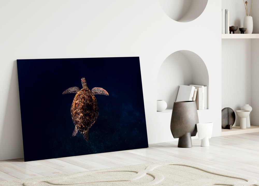 Underwater turtle cinematic glass wall art in child's marine-themed bedroom