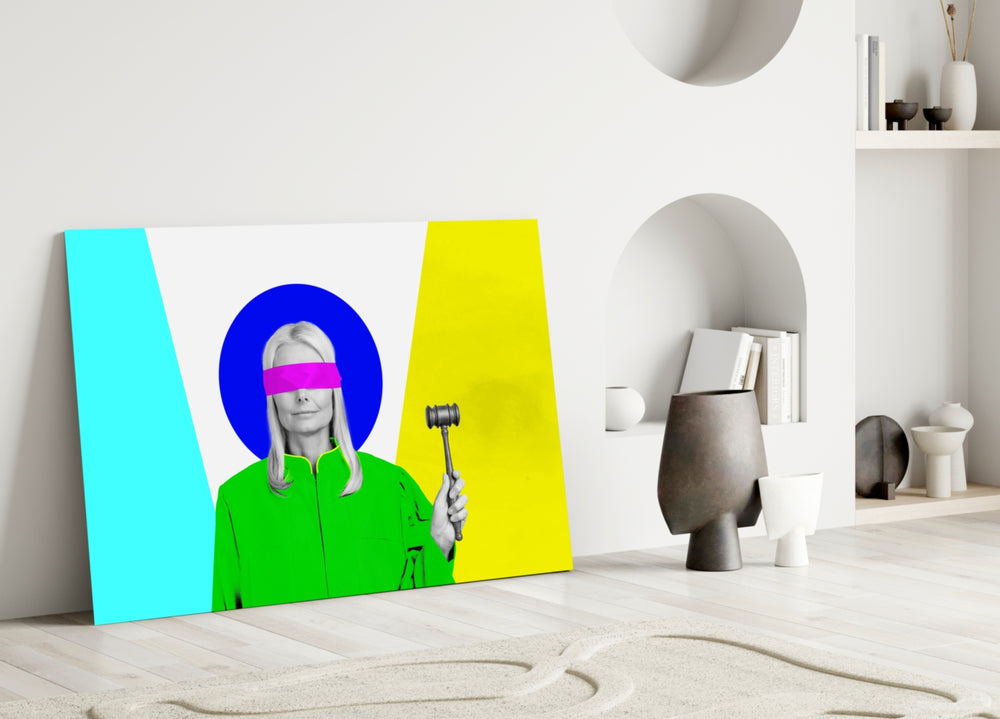 Collage-graphic justice cinematic glass wall art in art-loft lobby