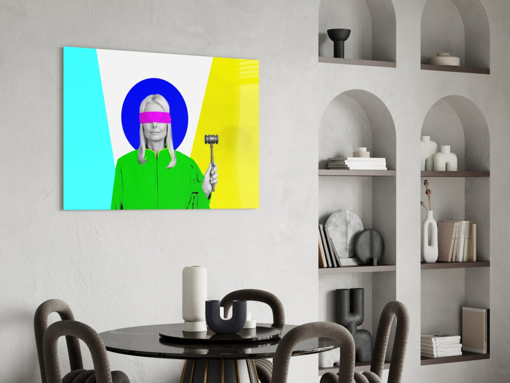 Bauhaus-pop cinematic glass wall art over master-bedroom headboard