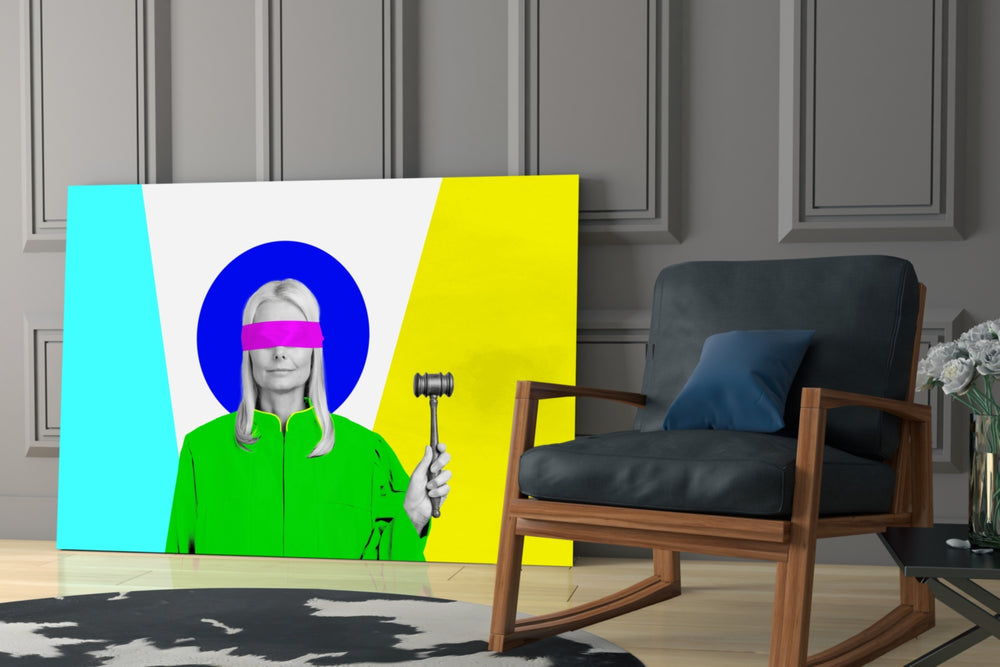 Color-block judge cinematic glass wall art in designer hallway