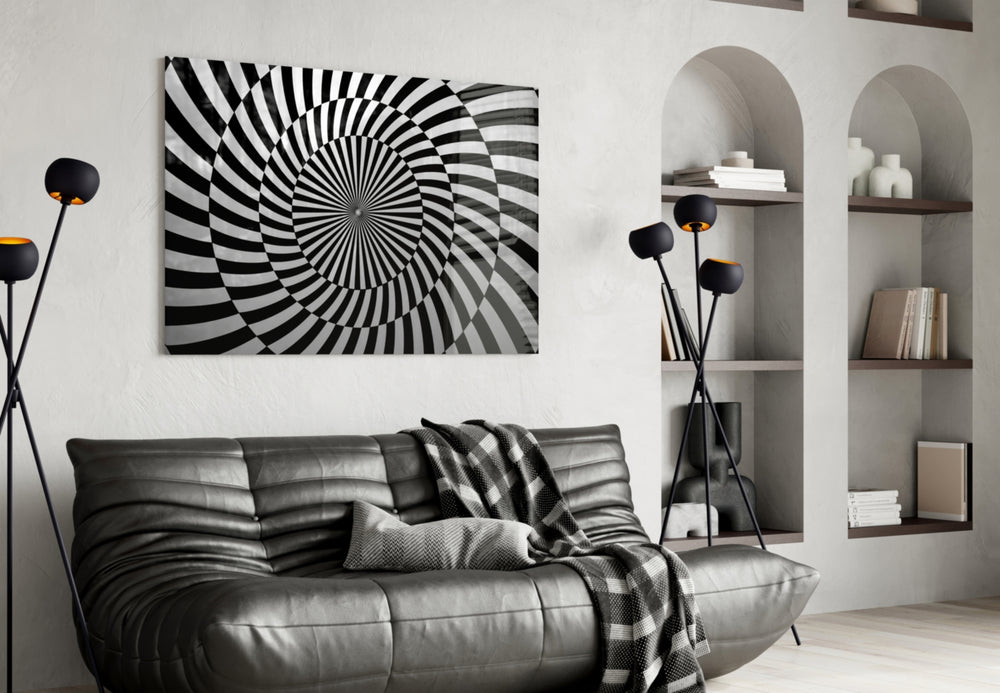 Op-art kinetic cinematic glass wall art over walnut console in study