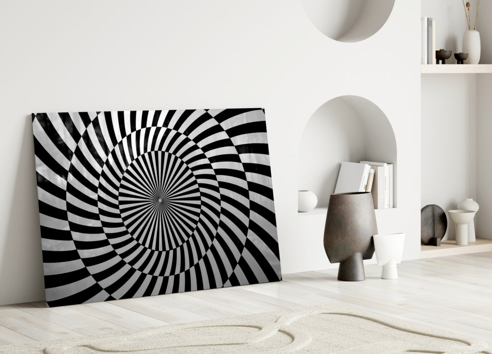 Bridget-Riley-style cinematic glass wall art in modernist living room