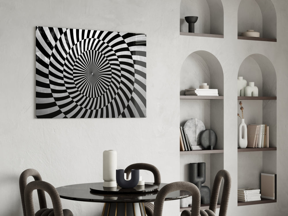 B&W spiral cinematic glass wall art over modern dining sideboard