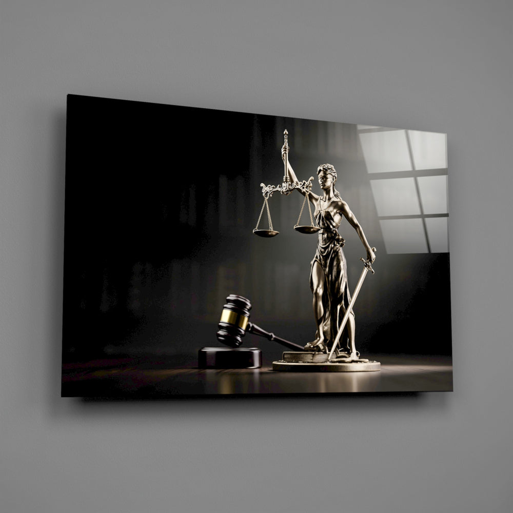 Legal editorial Justitia glass wall art over walnut desk in barrister's study