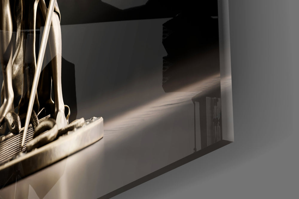 Lady Justice cinematic glass wall art over walnut sideboard in dining room
