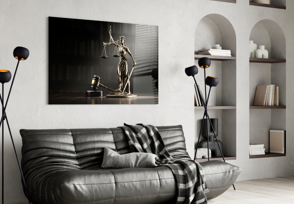 Statue-and-gavel cinematic glass wall art in designer-luxury entryway