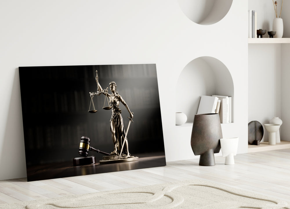 Bronze Justice cinematic glass wall art in gentleman's library