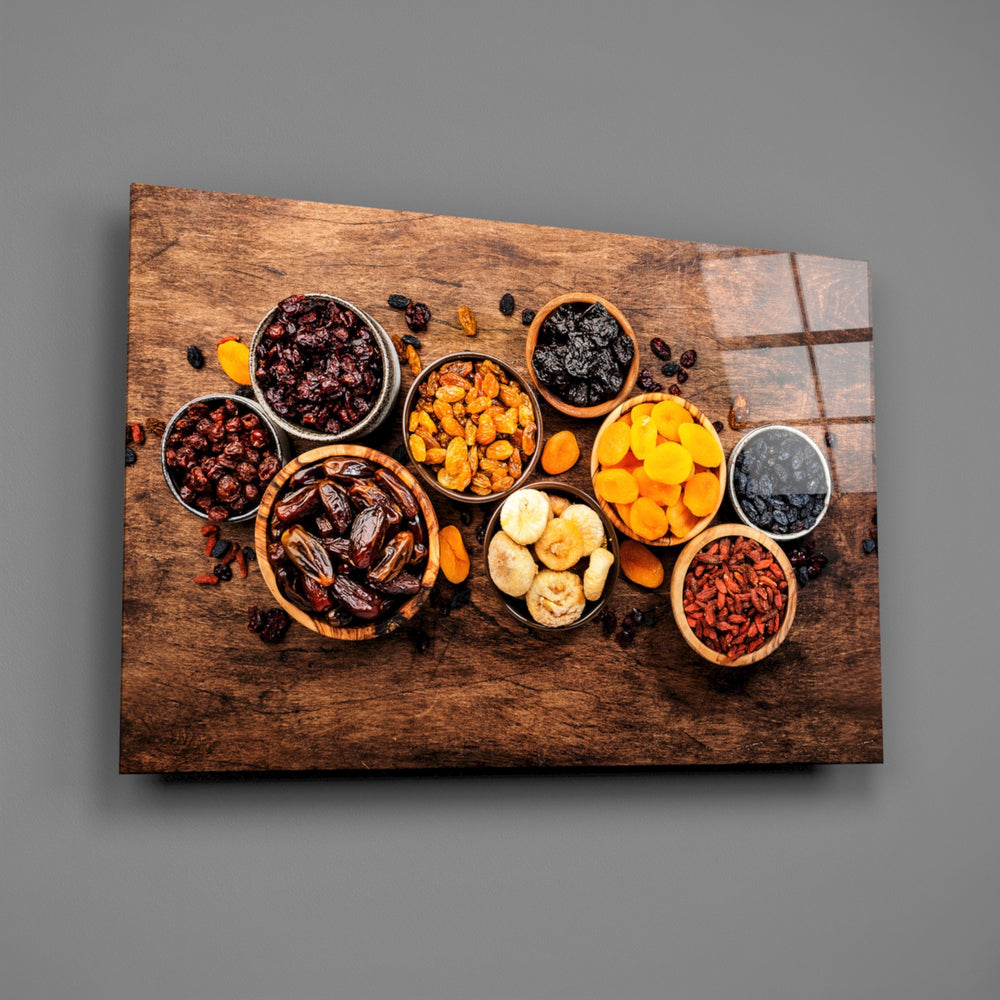 Food-magazine flat-lay glass wall art over walnut sideboard in country-house dining room