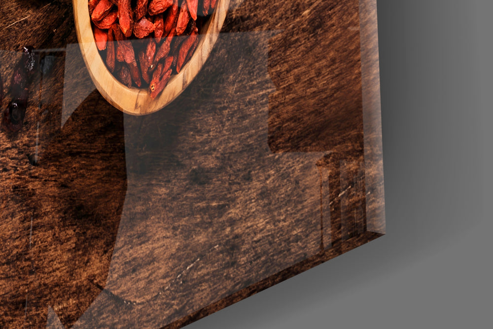 Goji-and-apricot cinematic glass wall art over modern dining sideboard