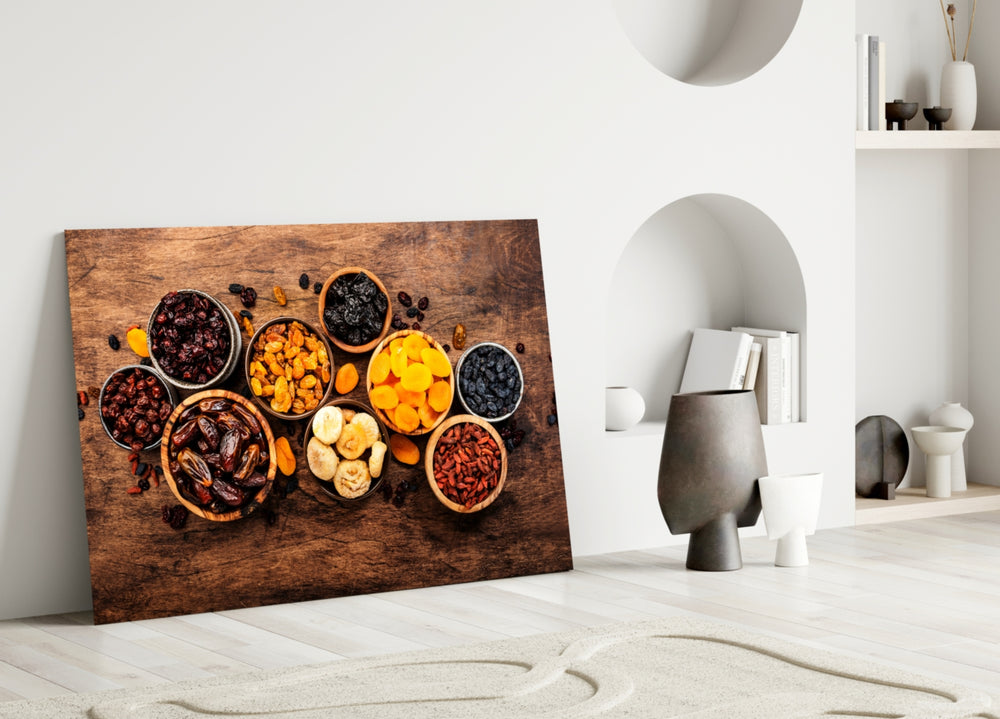 Wooden-bowl dried fruit cinematic glass wall art in boutique cafe entry