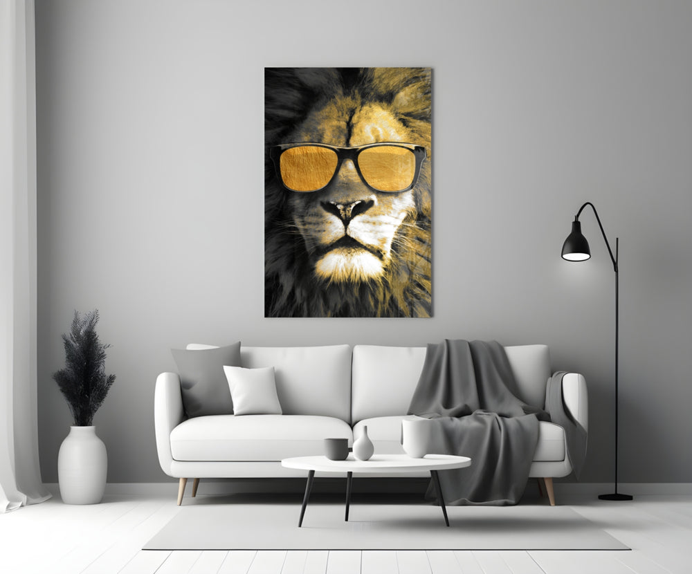 Gold-aviator lion cinematic glass wall art in teen lounge
