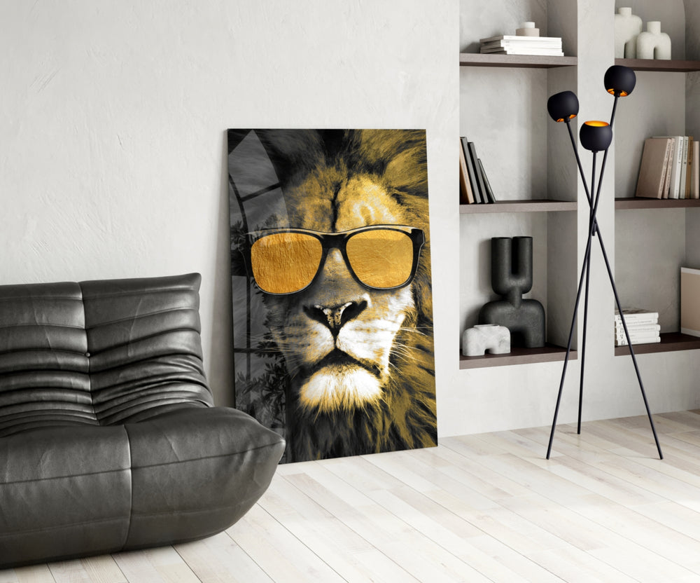 Pop-portrait lion cinematic glass wall art over master-bedroom headboard