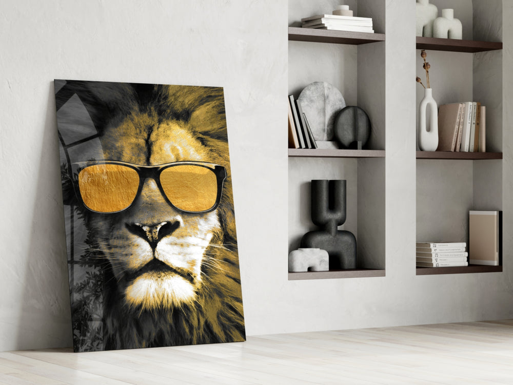 Lion-with-shades cinematic glass wall art in fashion-atelier reception