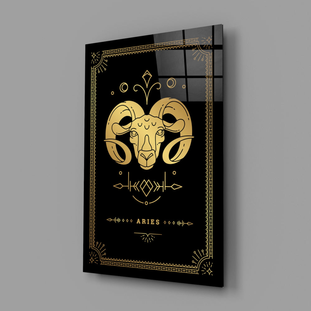 Gold-sigil Aries glass wall art in designer-luxury entryway