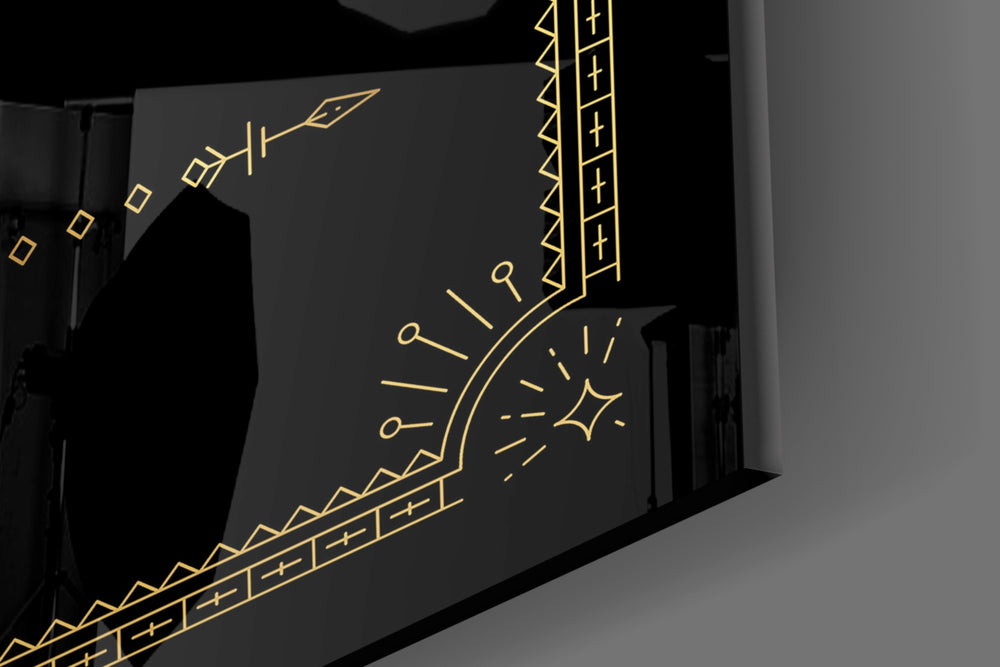 Gold-line zodiac cinematic glass wall art in glamorous powder-room