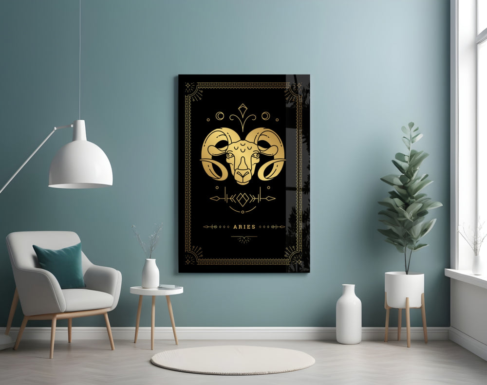 Tarot-card Aries cinematic glass wall art in boutique-hotel suite