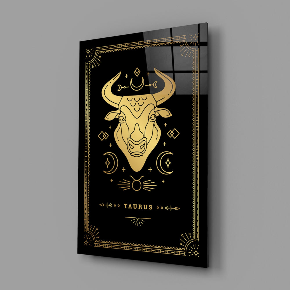 Gold-sigil Taurus glass wall art in designer-luxury entryway
