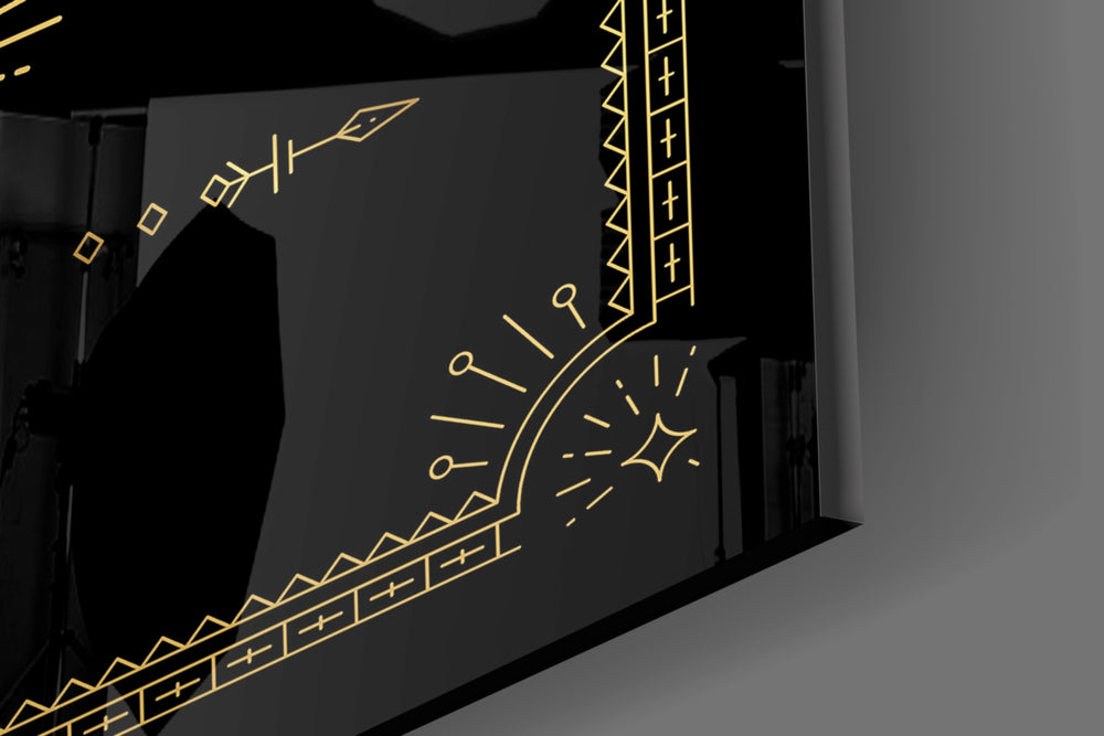Gold-line zodiac cinematic glass wall art in glamorous powder-room