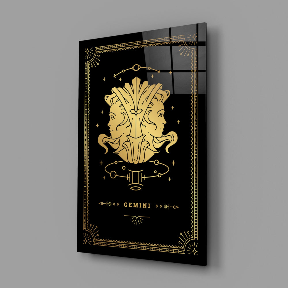 Gold-sigil Gemini glass wall art in designer-luxury entryway