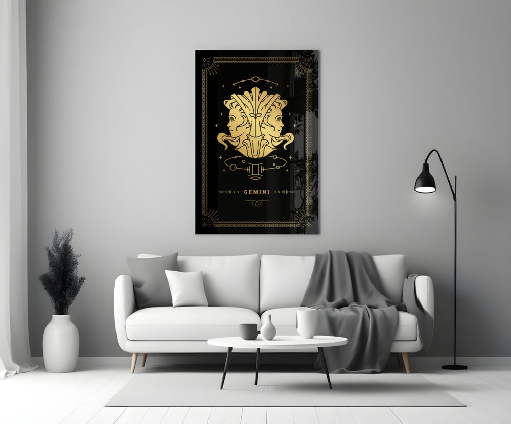 Astrology-themed Gemini cinematic glass wall art in reading nook