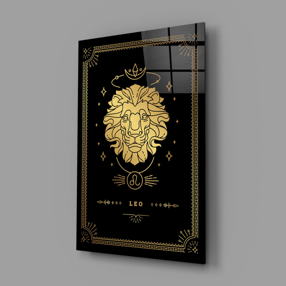Gold-sigil Leo glass wall art in designer-luxury entryway