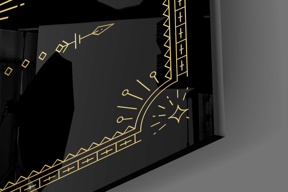 Gold-line zodiac cinematic glass wall art in glamorous powder-room