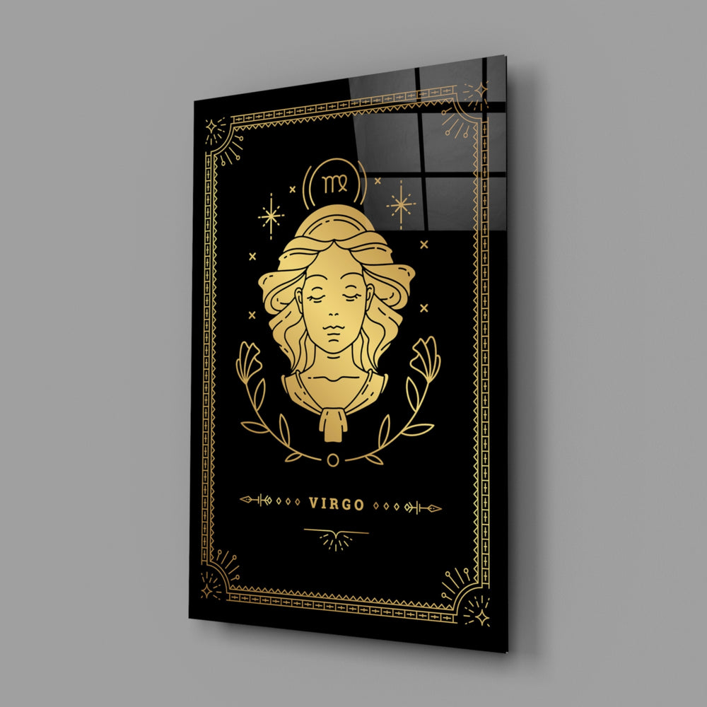 Gold-sigil Virgo glass wall art in designer-luxury entryway