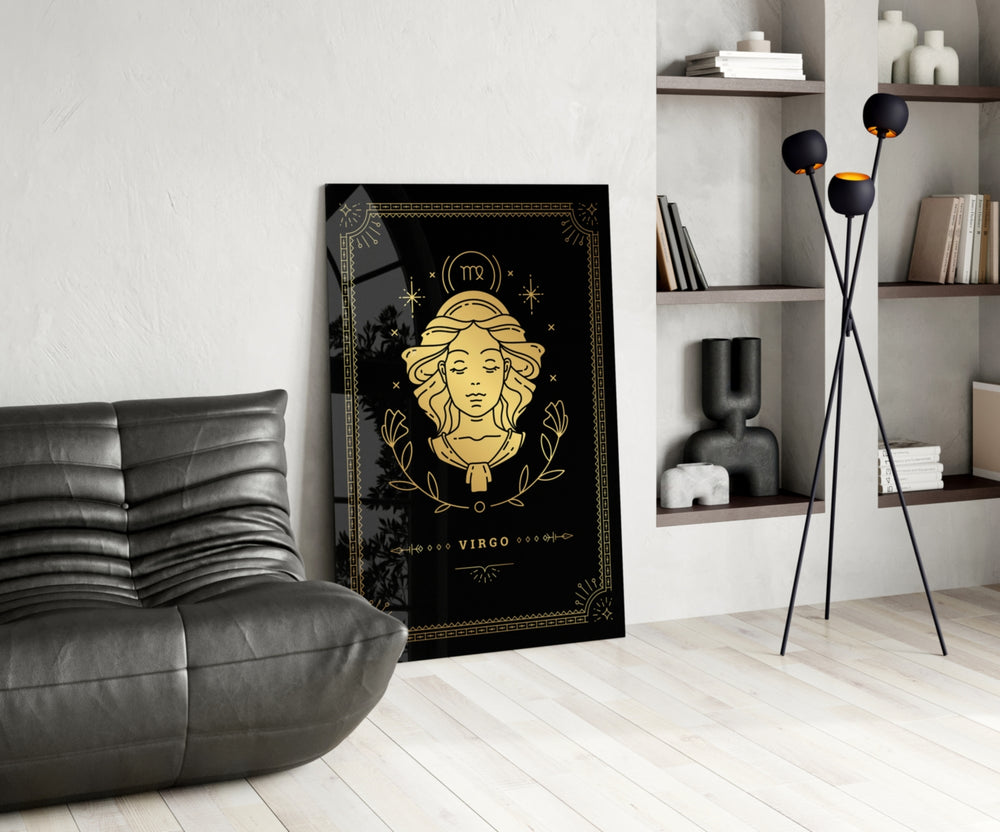 Luxury astrology cinematic glass wall art over walnut console