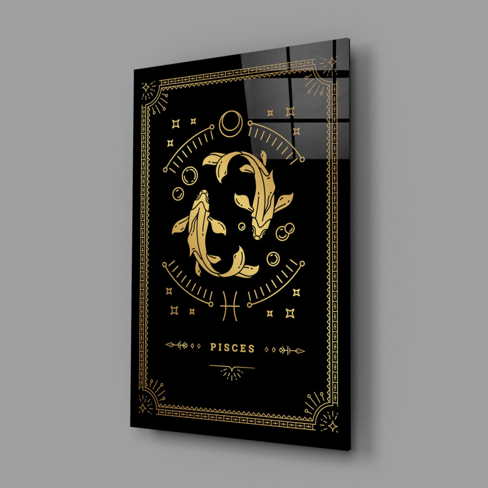 Gold-sigil Pisces glass wall art in designer-luxury entryway