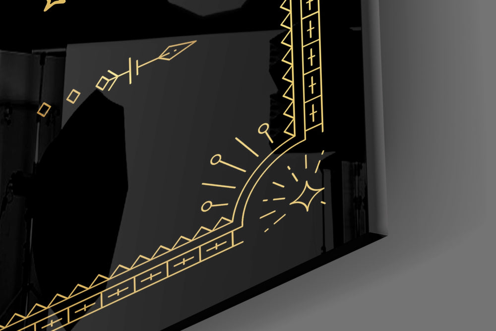 Gold-line zodiac cinematic glass wall art in glamorous powder-room