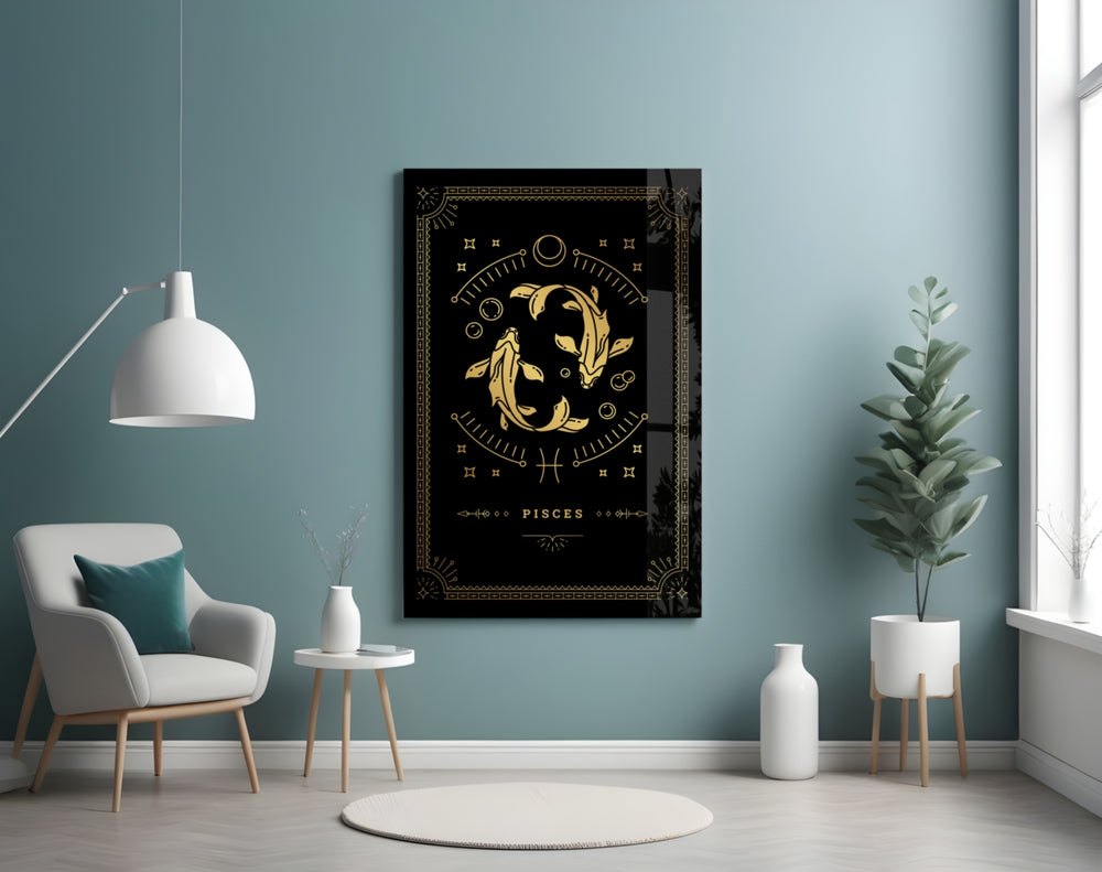 Tarot-card Pisces cinematic glass wall art in boutique-hotel suite