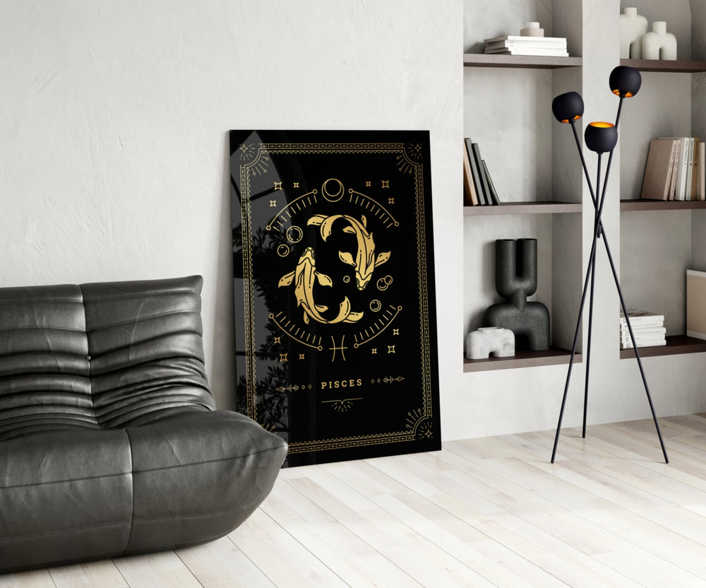Luxury astrology cinematic glass wall art over walnut console