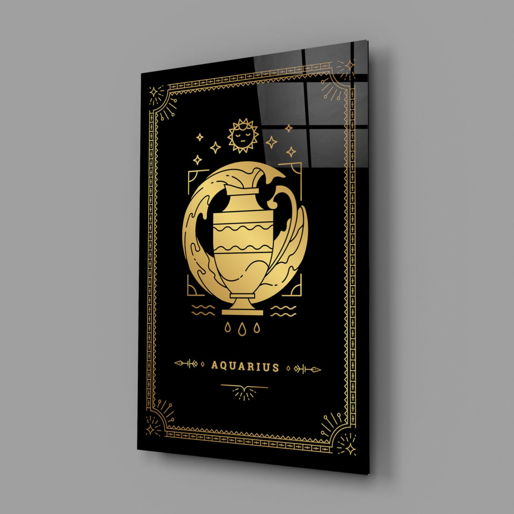 Gold-sigil Aquarius glass wall art in designer-luxury entryway
