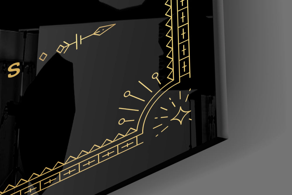 Gold-line zodiac cinematic glass wall art in glamorous powder-room